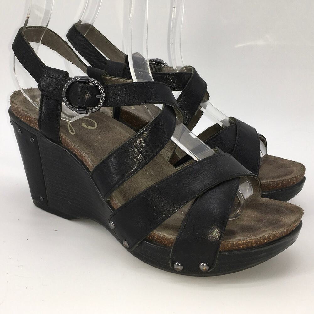 Dansko Frida Studded Wedge Platform Sandal Black Leather Womens 38 (8) Boho